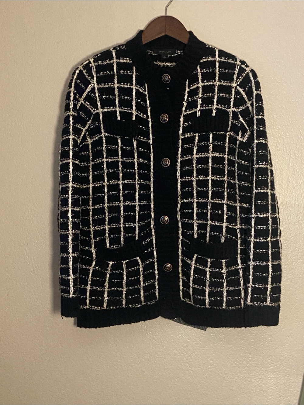 Ann Taylor Black White Gold Sparkle Knit Cardigan Sweater W/ Gold Buttons Size M